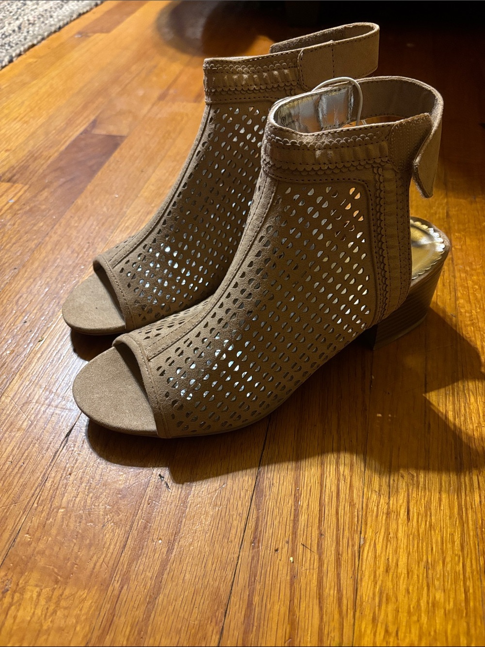 Open-Toe Perforated Ankle Booties in Tan